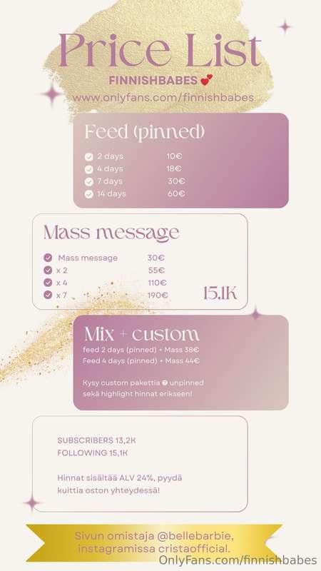 🩷MAALISKUUN HINNASTO 🩷

Feedit 09.03 👉🏻
Massat 04.04 👉🏻

Jos..