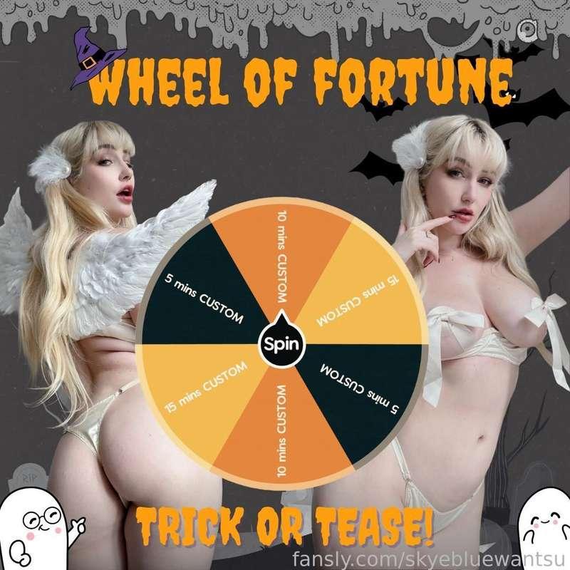 🎃 Spooky season is here, and you know what that means, time for some treats! 🍬 SPIN THE WHEEL for a spooky treat. I’ve been super busy these last few months, but now I’m back and ready to make it up to you with something extra HOT! 🥵

This time, for just a $50 tip you'll get a ticket number for the spin PLUS a freebie either $150 worth of hot content or a fully naked custom dick rating! 😈 And here’s the good news, 10 WINNERS will be picked during the live stream at the end of the month! 🎁

So, don’t wait! Join now and grab your chance to win these awesome prizes! Let’s turn this spooky season into something unforgettable 🔥
