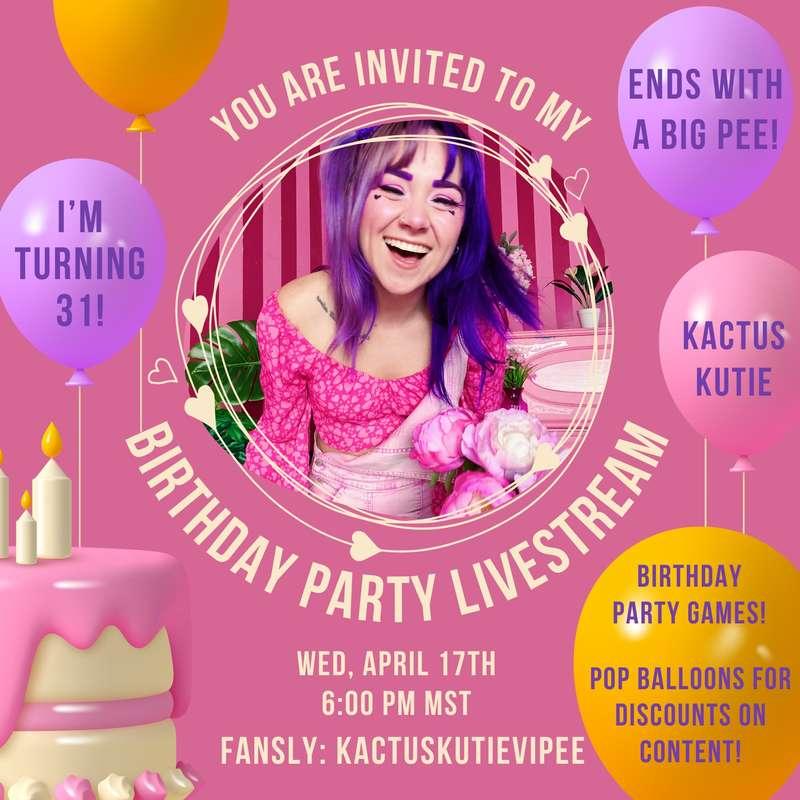 i’m so excited for my pee livestream!!!
let’s celebrate my birthday with a desperate, long-held piss (and games)! 💦🎉

april 17th @ 6pm MST!

*for subscribers only! if you’re not a subscriber, this is the best time to sign up! both of my fansly pages are 50% all month long! 💜🎉💕✨
@KactusKutie 
#peelivestream #livestream #desperation #bladder #discount #sale