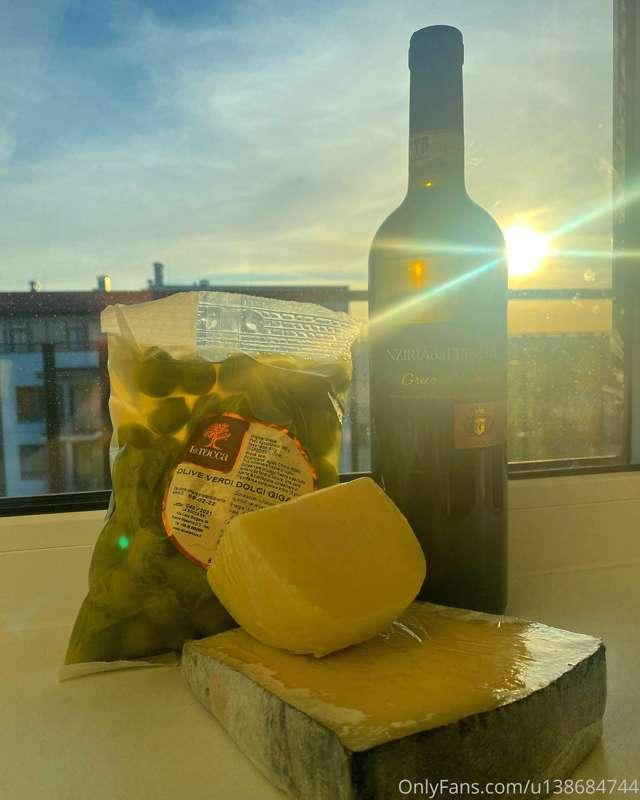 Italian vine and cheese , olives, sunset 🌅 all I love and al..