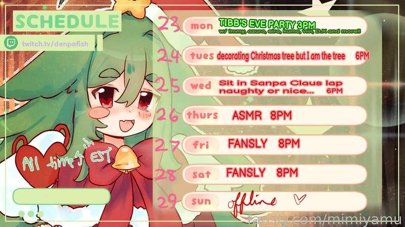 schedule for this week.. too tired/busy to make a separate one!! 

I’ll be streaming on here again Friday and Saturday. It’s packed!!’ In the new year I want to stream a lot more games and stuff here! Please let me know any game suggestions you’d like to see me play, 

I love hanging out with everyone here!! My streams here are comfy I think..

#fyp #lewdtuber #vtuber #streams