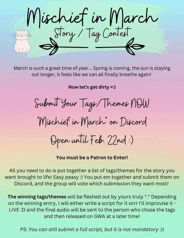 Mischief in March UPDATE: Script Submission No Longer Required (Though Fully Encouraged ^.^) Submit Your Tags/Themes Now!!