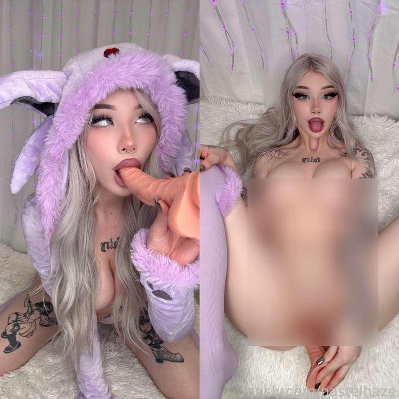 Espeon sucking and fucking realistic dildo 💜
 I got so horny while filming TikTok’s that I had to take a break and play with my self in my Espeon cosplay 🤤

Video details:
I strip tease and show off my body 
I tit fuck and suck the dildo 
I fuck my dildo in two different positions (upfront and from behind) 
I spank myself and play with my boobs
#fyp #cosplay #egirl #pokemon