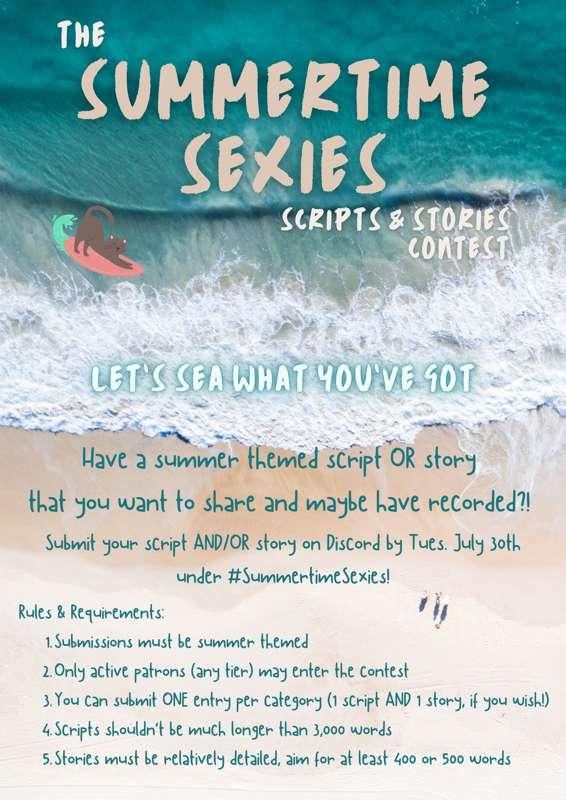 💛☀️ The Summertime Sexiesss Scripts & Stories Submissions! ☀️💛 [Submit Yours by July 30th in The Cathouse server!] [Community Vote for Which Script AND Story to Be Recorded] [All Tier Event] [Let's Sea What You've Got 🌊💙]