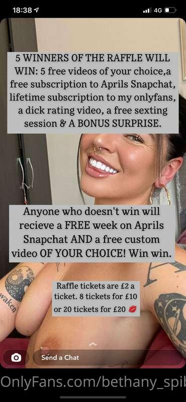 RAFFLE TIME! $3 tip per entry, $12 for 8, or $25 for 20 entr..