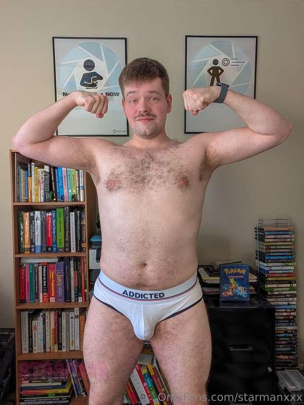 Post-unboxing photoshoot: Beefy and geeky in whitey tighties..