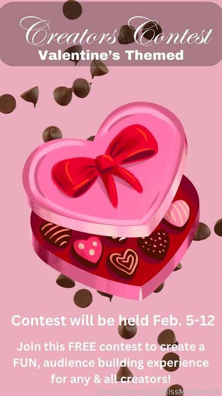 💕💋It’s nearly Valentine’s Day!💋💕

Let’s celebrate and support our fellow creators by participating &amp; running a FREE creators contest! This will help us all build up audience, have fun, &amp; hopefully make friends! 

Share this post to spread the word! Then DM your Valentine’s themed photo entry with your persona name tagged onto your photo. 

Deadline to enter will be Feb. 4th, so that voting can begin Feb. 5-12. 💕

💝🏆REWARDS🏆💝

🥇1st Place: 2 Mass DM’s to my audience, a permanent “Favorite Creators” post, pinned for a week, a fun edit, 50 likes &amp; SFS to all my creator friends willing to participate!

🥈2nd Place: Temporary 1 week “Favorite Creators” post, 20 likes, &amp; 1 Mass DM to my audience.

🥉3rd Place: Temporary 3 day “Favorite Creators” post &amp; 20 likes.
