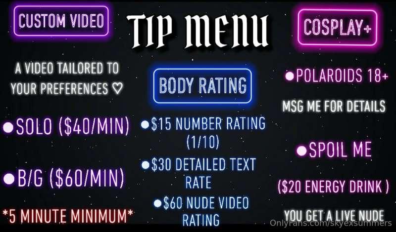 My New Tip Menu ;3
Main account is @skyexxxsummers
Pls Speci..