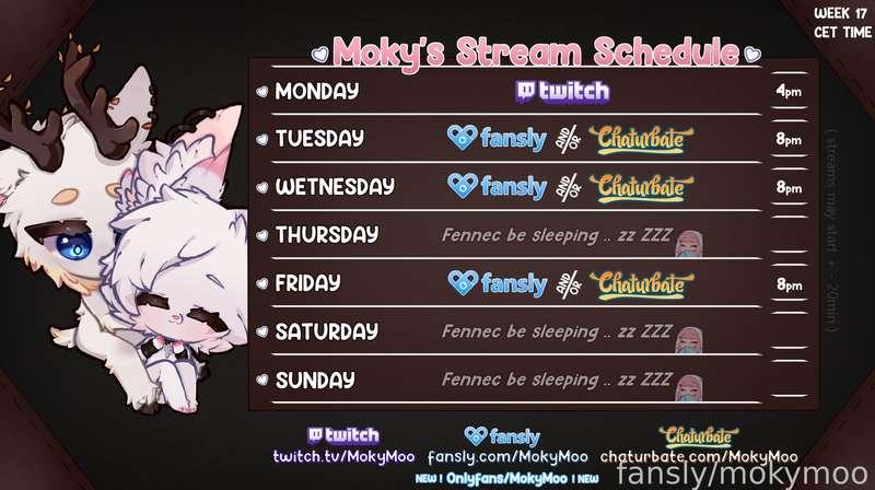 𓆩🤍 ( ! WEEK 16 SCHEDULE ! ) 🤍𓆪 


🤍 Fansly: https://fansly.com/MokyMoo 
🤍 OnlyFans: https://onlyfans.com/mokymoo
🤍 Chaturbate: https://chaturbate.com/mokymoo
🤍 Twitch: https://twitch.tv/mokymoo
🤍 Twitter: https://twitter.com/Moky_Moo
🤍 Discord: https://discord.gg/um85x2Dq8s

#arawr #lewdtuber #lewd #nsfw #fansly #of #onlyfans #vtuber