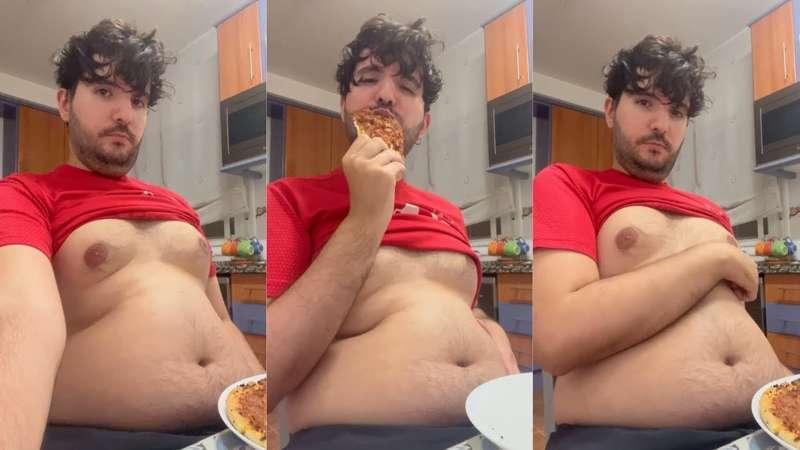 Eating pizza in sporty shirt + fat belly play