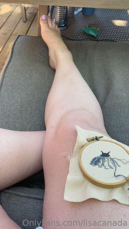 Relaxing on the deck with cross stitch 🪡 ☀️