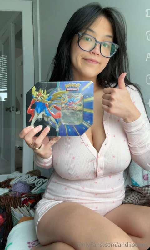 opened some pokemon cards in my new little pj romper :) 
