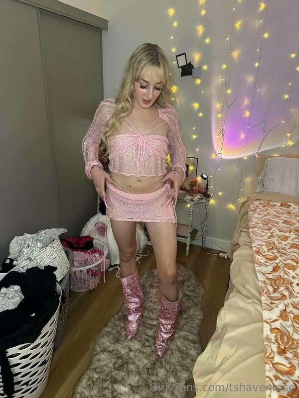 Rocking a pink dress and glittery boots, because a little sp..