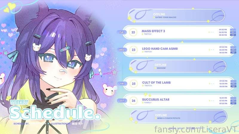 This weeks schedule! I look forward to spending time with you :D 💕

Starting ME3 tomorrow! For Wednesday expect a lot of comfy yapping while I work on a Lego set. Then more cult of the lamb on Friday as requested! Consider leaving me a lurk on Twitch :3 ❤️

A naughty succubus demands to learn all about your erotic desires and past doings. She awaits your confessions, keep your eyes peeled for submissions to open 💌

♡Twitch: https://twitch.tv/liseravt
♡Youtube: https://www.youtube.com/@liseravt
♡Twitter: https://twitter.com/LiseraVT
♡Discord: https://discord.gg/DqPBTJrCbX 