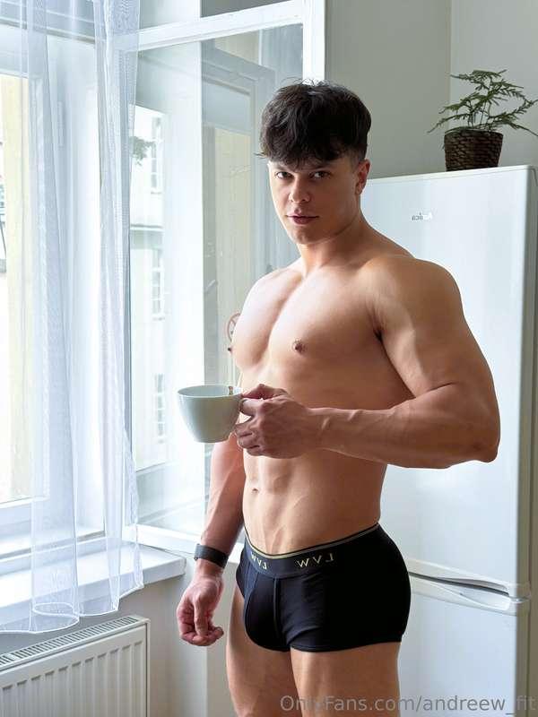 Sipping my coffee, shirt off, cock hard in my brief… you gon..