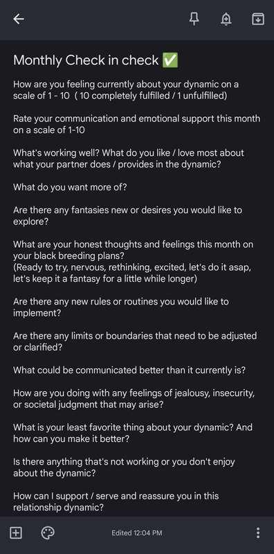 Starting a monthly check in list of questions for Cucky and ..