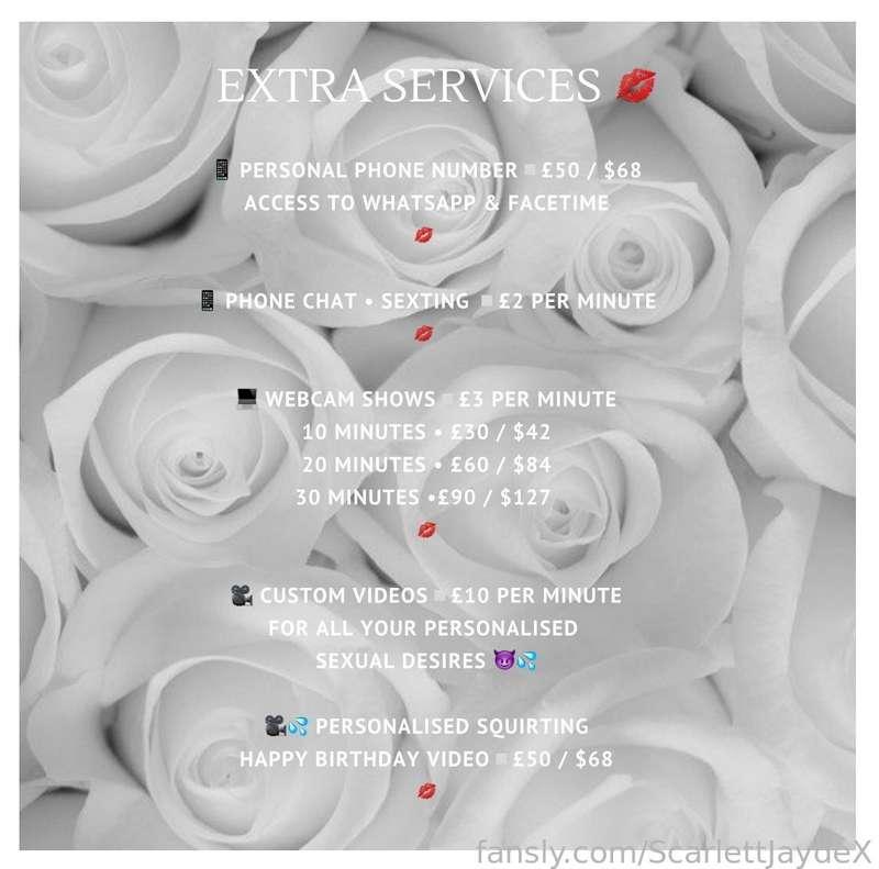 💋 TIP MENU▫️EXTRA SERVICES 💋

A list of all my extra services for me to be your perfect little slut keeping those balls nice and drained 😈💦

Remember don’t be shy if there’s anything you would like or that isn’t listed feel free to DM me to enquire 🥰