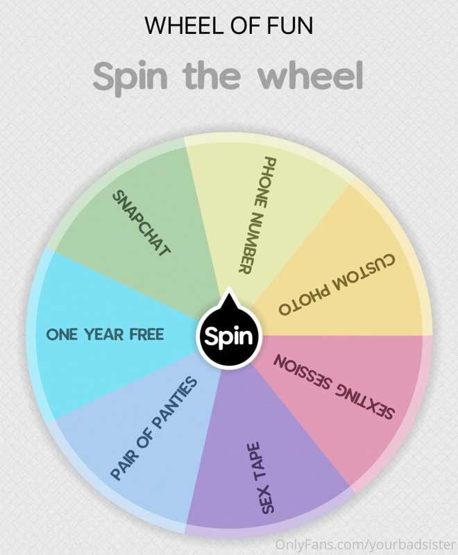 💙💜💛SPIN MY WHEEL! 💛💜💙

1 SPIN = $15
2 SPINS = $25
3 SPINS = ..
