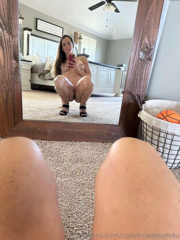 took a bunch of mirror selfies in just the heels. tried to g..
