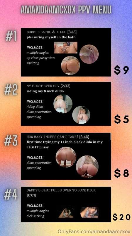 ♡𝙼𝚈 𝙿𝙿𝚅 𝙼𝙴𝙽𝚄♡

•  𝘿𝙈 𝙊𝙍 𝘾𝙊𝙈𝙈𝙀𝙉𝙏 𝙏𝙃𝙀 𝙉𝙐𝙈𝘽𝙀𝙍 𝙔𝙊𝙐 𝙒𝘼𝙉𝙏 𝘼𝙉𝘿 𝙄𝙇𝙇 ..