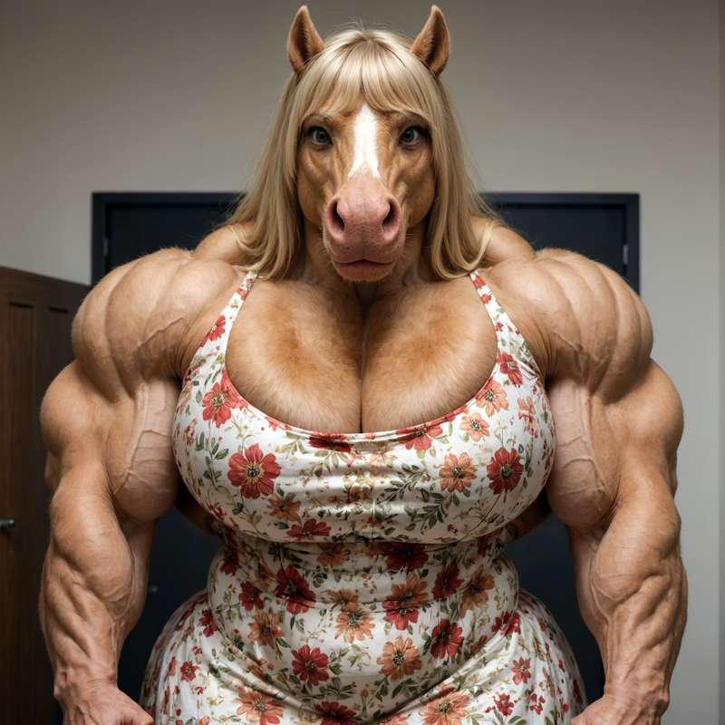 Muscular Blonde Horse Girl in a Dress