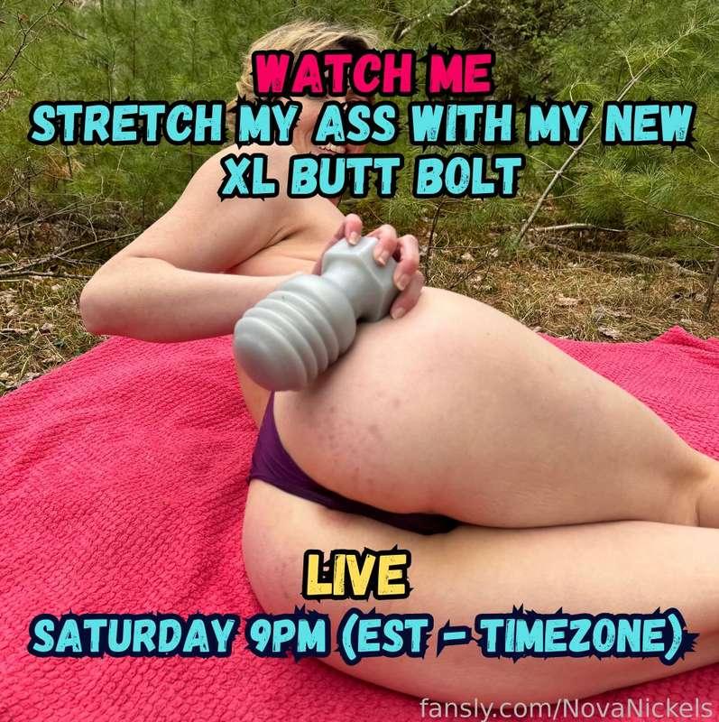 Live cum show in 1 hour!!!  Cum hang out with me live as I stretch my tight Canadian asshole around an XL Butt Bolt from Hankey Toys!! 