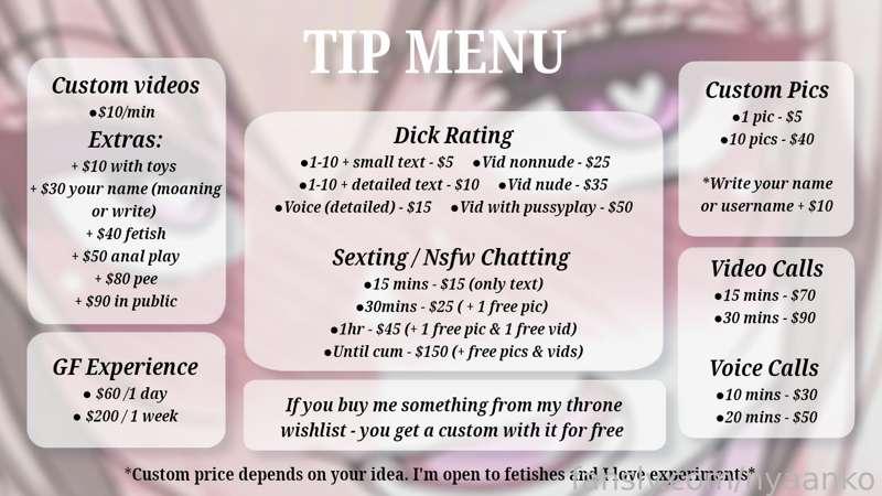 Finally I have a menu in case you want to see my extra services ✿

If you have any questions or special requests, don't hesitate to send me a private message. 
Please note that a prepayment via tip is required before I begin working on your custom request.

Thank you for your support!~

#menu #sexting #videocalls #dickrating #custom #gfe #customvideos #voicecalls #fyp 