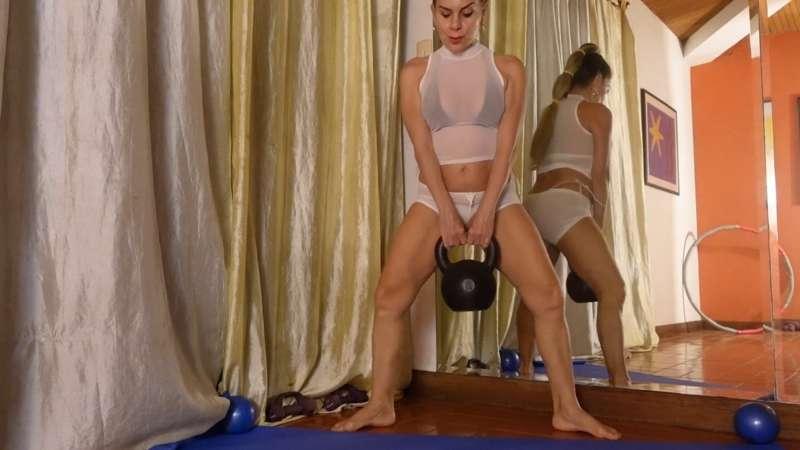 C1361 2' Kettlebell Training in White Sheer Top White Sheer Shorts over White & Brown Micro Bikini Mirror Fit Art