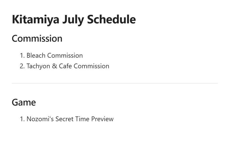 Kitamiya July Schedule