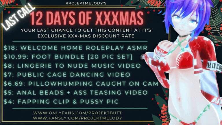 Happy Holidaaaays!!! i hope u had an amazing holiday season (•‾⌣‾•)♡ and to celebrate, here's one final gift from me to u- all the discounts from the 12 Days of XXX-mas, available again for a last call! right now u can grab all this hot content for discounted xxxmas prices for the next 48 HOURS, but after that it's back to regular price~ so if u missed a limited sale, now's ur chance to get it before it's gone ʕಠಿᴥಠʔ let's send the holidays off with a good fap, what do u think? ;3 

#vtuber #hentai #waifu #animegirl #anal #feet #roleplay #vshojo #projektmelody