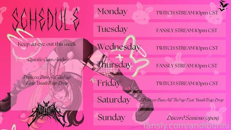 🐰Week schedule for 11/11/24 🐰

Schedule for week of 11-11 thru 11-17

🐰Monday~ twitch stream at 10pm cst, Quickie Cum Audio Drop

🐰Tuesday~ fansly stream at 10pm cst

🐰Wednesday~ twitch stream at 10pm cst

🐰Thursday~ fansly stream 10pm cst ~ Princess Bun All Tied Up *feat YuukiTrap* Preview drop

🐰Friday~ Twitch Stream 10pm cst

🐰Saturday~ Princess Bun All Tied Up *feat YuukiTrap* Video drop

🐰Sunday~ bunni discord sessions *sessions available* 