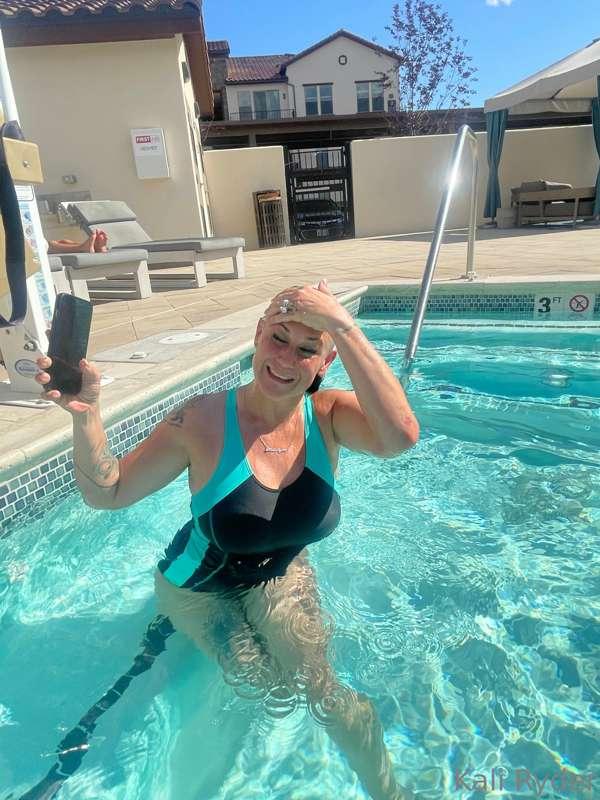 At the pool earlier and now in my bath getting ready to film..