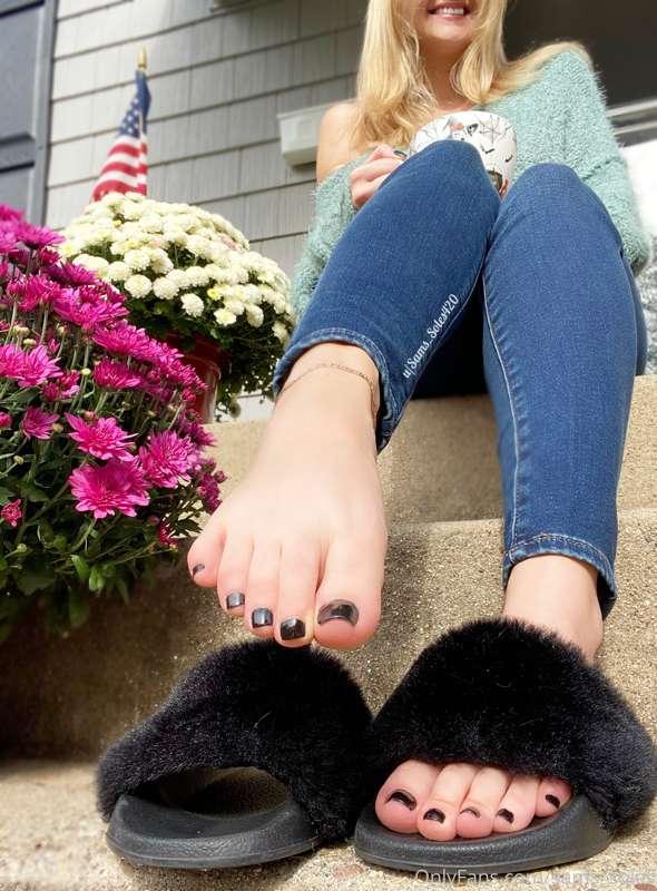 Fuzzy slippers and coffee on the front step, only things mis..
