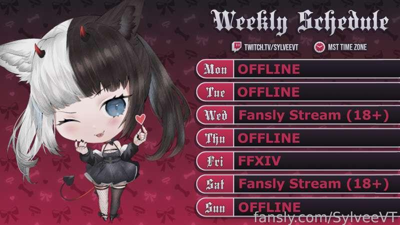 🎀✨ WEEK OF 3/20 - 3/26 ✨🎀

🎀Twitch - https://twitch.tv/sylveevt
🎀Twitter - https://twitter.com/SylveeVT
🎀NSFW Twitter - https://twitter.com/Sylvs34
🎀YouTube - https://youtube.com/SylveeVT
🎀TikTok - https://tiktok.com/@sylveevt
🎀Discord - https://discord.gg/md8gcrr

🎨Schedule: @/KotaKotonya 💕
🎨Chibi: @/K_Cioara 💕

Aw I forgot to post this here! There'll be a stream tonight around 7pm-ish EST &gt;:D Maybe I'll try to have my Dolce set up for interactivity instead of my Ferri? 🤭
