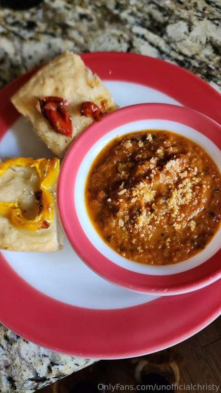 Fococcia with fresh made tomato basil soup. I also made a ch..