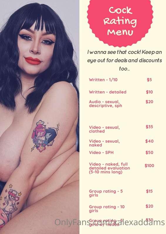 Updated cock rate menu 😍 50% off all rates tonight 😈