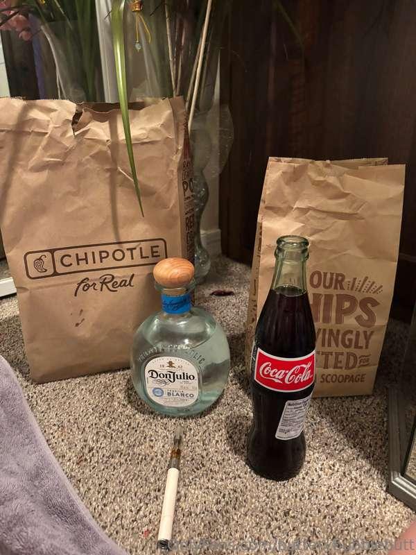 ordered some Uber eats, Taking shots, eating chips and getti..
