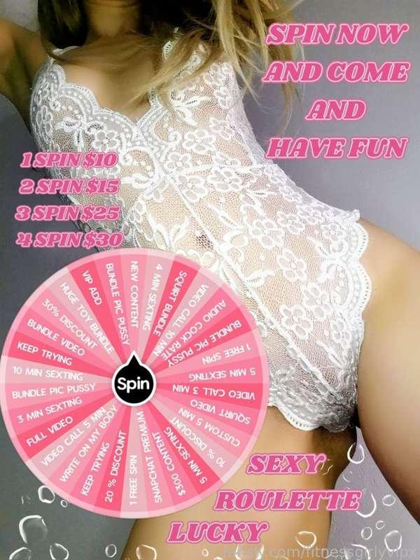 ✨PLAY WITH ME IN MY NEW WHEEL WITH GREAT SURPRISE PRIZES FOR YOU, DON'T MISS THE OPPORTUNITY TO WIN MY SEXIEST AND HOTTEST CONTENT✨🤍 

🤍IT'S TIME TO SPIN AND ENJOY!! 

✨1 SPIN = $10 
✨2 SPINS = $15 
✨3 SPINS = $25
 ✨4 SPINS = $30