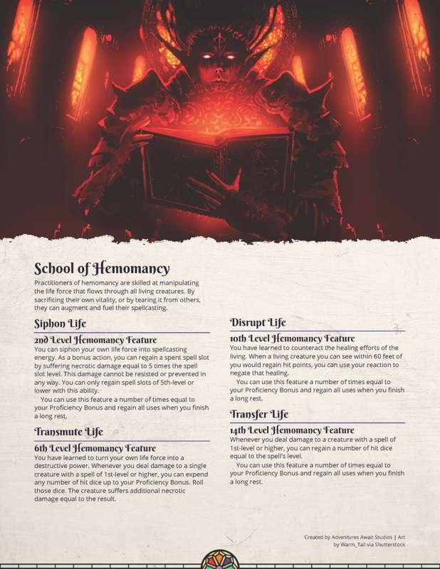 FREE SUBCLASS: Wizard School of Hemomancy