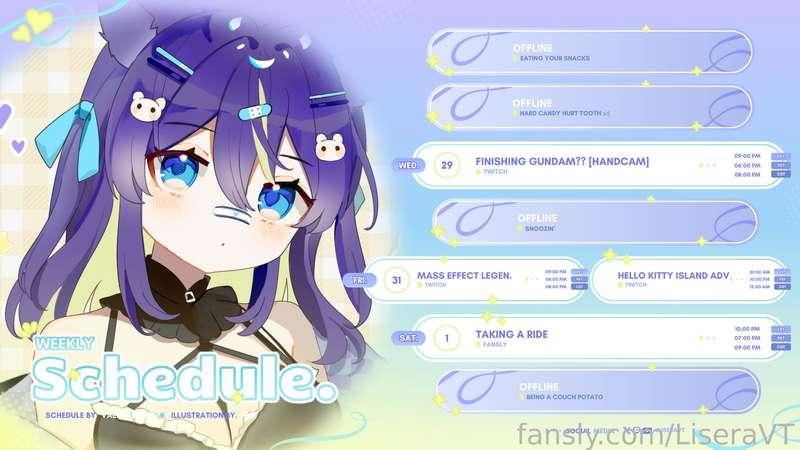 This weeks schedule! ✨💕

Possibly finishing this Gundam kit tonight?! Then some Mass Effect &amp; Hello Kitty Island Adventure on Fri! Consider leaving a lurk I love hanging out with you guys on Twitch!💖

˚ʚ♡ɞ˚I have some fun new things to try Saturday! I can't wait to see you &lt;33~˚ʚ♡ɞ˚

♡Twitch: https://twitch.tv/liseravt
♡Youtube: https://www.youtube.com/@liseravt
♡Twitter: https://twitter.com/LiseraVT
♡Discord: https://discord.gg/DqPBTJrCbX 