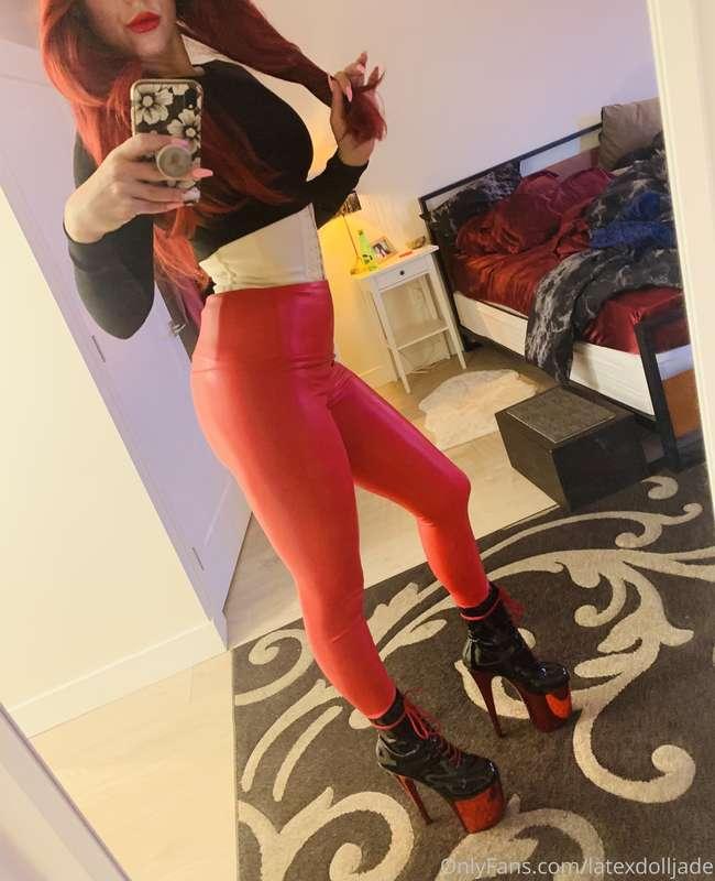 Today’s look with my waist trainer on. Red leather bimbo. Go..