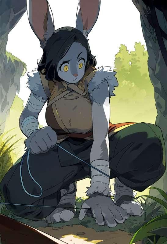 Request: SFW D&D Harengon (rabbitfolk) Monk setting a trip wire 