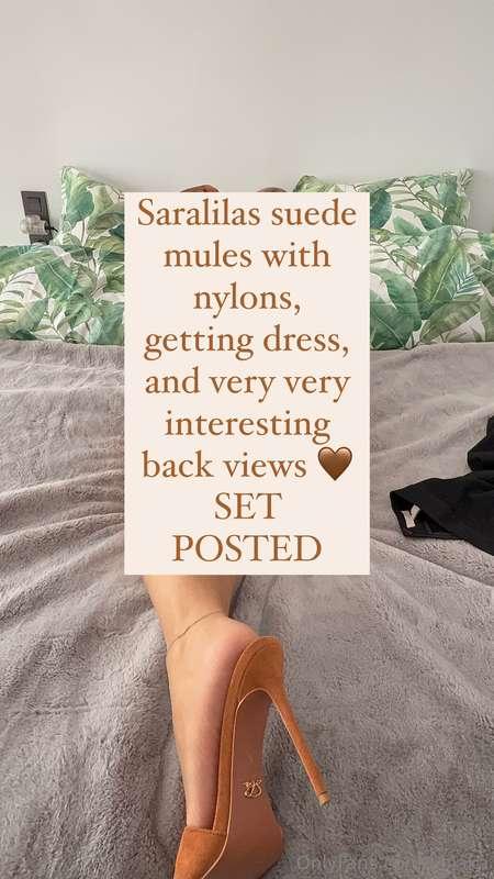 Saralilas suede mules with nylons, getting dress, and very v..