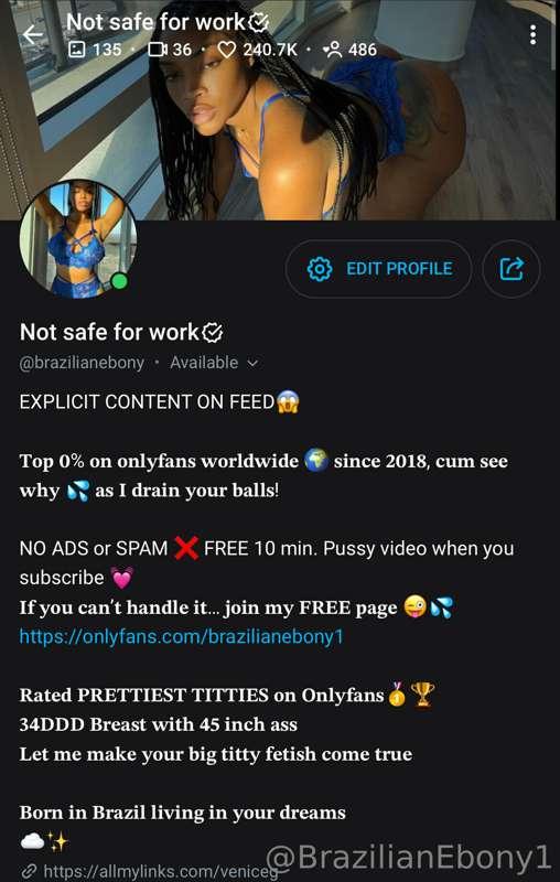 My Fully explicit page 💦🤗 @brazilianebony 
❌ No ads
❌No spam..