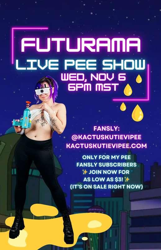 💦 LIVE COSPLAY PEE SHOW 💦
          TOMORROW NIGHT!

     ⬇️ subscribe to watch! ⬇️
   ✨ FOR AS LITTLE AS $3!! ✨
(all tiers are 50% OFF right now!)

#pee #girlpee #livepee #livestream #cosplay #halloween #altgirl #pipi #piss #urine