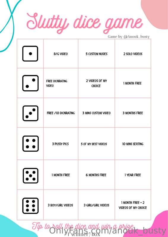 WANNA PLAY? 😈 
Tip 10$ to roll the dice and get a nice gift ..