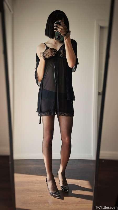 Black nightgown and seamless pantyhose