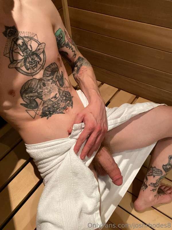 You walk into the sauna and see me like this, dong hangin’ o..