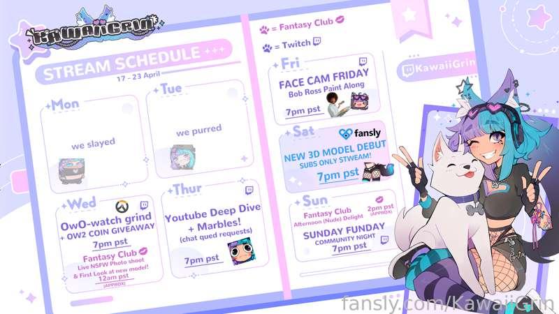 💜💙Weekly Stweam Schedule💙💜

⭐FANSLY RELAUNCH GOES LIVE ON FRIYAY⭐
⭐⭐NEW MODEL DEBUT + RELAUNCH PARTY ON SATURDAY!⭐⭐

💋FREE Horny Streams on Fantasy Club all week! 💋

All links including:
💜Twitch
🕊️NSFW TWITTER
💋Fantasy Club
🔞18+ FREE DISCORD

⬇️⬇️IN LINK BELOW!!!!⬇️⬇️
⭐️All Links: http://linktr.ee/KAWAIIGRIN

#Vtubers  | #Envtuber | #lewdtubers  | #free &lt;3