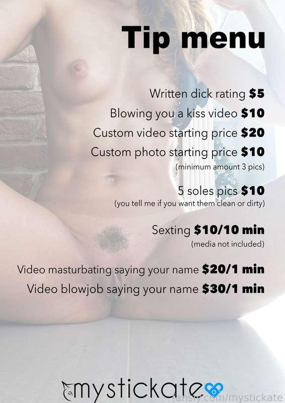 🔥 Tip menu 🔥

#fyp #sext #custom #customs #sexting #dickrating #blowjob #pee #piss #sex #kiss #masturbation #fetish #footfetish #soles 